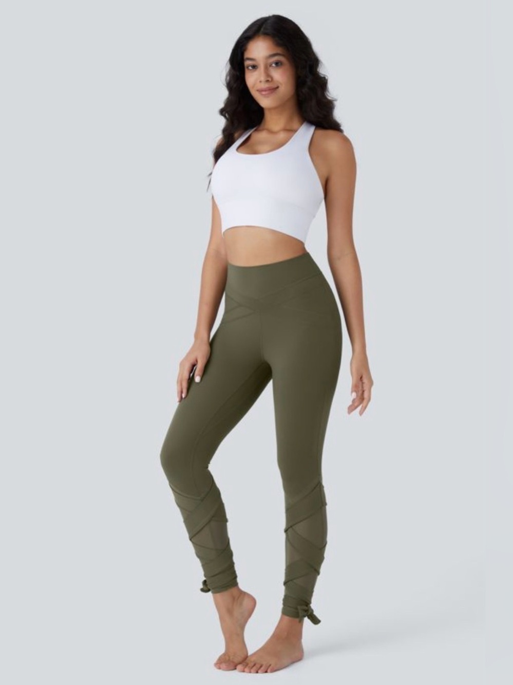 SoftlyZero™ High Waisted Contrast Mesh Lace Up Yoga 7/8 Leggings-UPF50+
